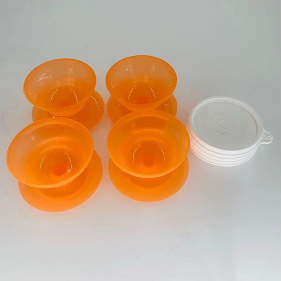 Tupperware Dessert Cups With Lids Set 4 Orange Bowls Pudding Petite Dishes - Picture 6 of 6